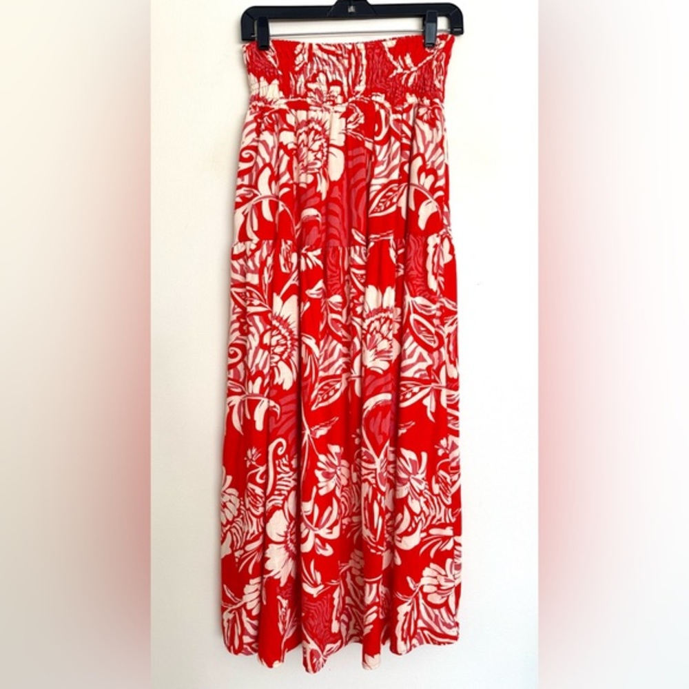 Red & White Floral Maxi Skirt - Smocked Waist